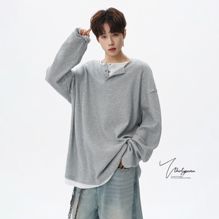 潮牌休闲宽松亨利领打底衫 T恤男春季 格雷系灰色假两件长袖 V37美式