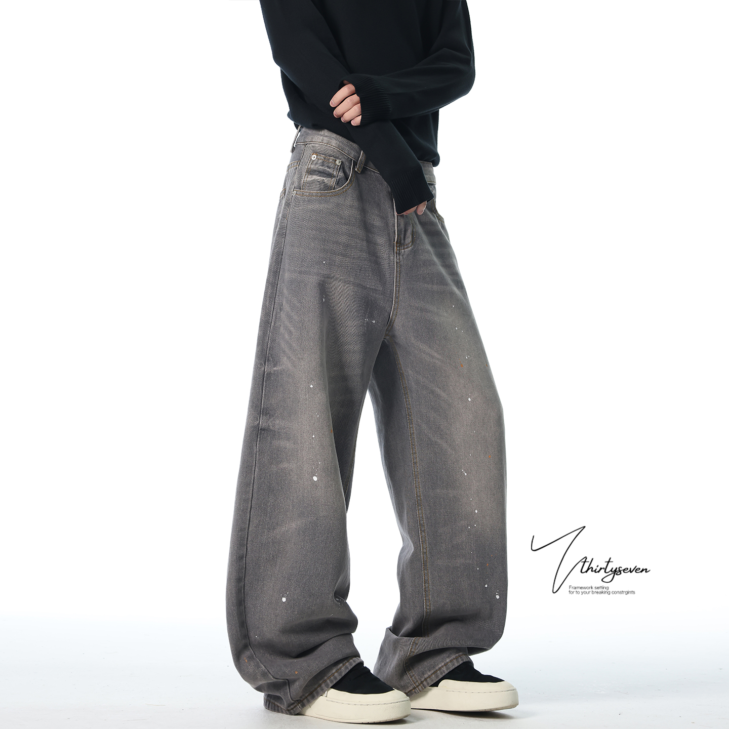 V37美式复古泼墨牛仔裤