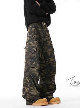 V37美式复古迷彩牛仔裤男秋季高街阔腿工装裤大码宽松伞兵裤子潮