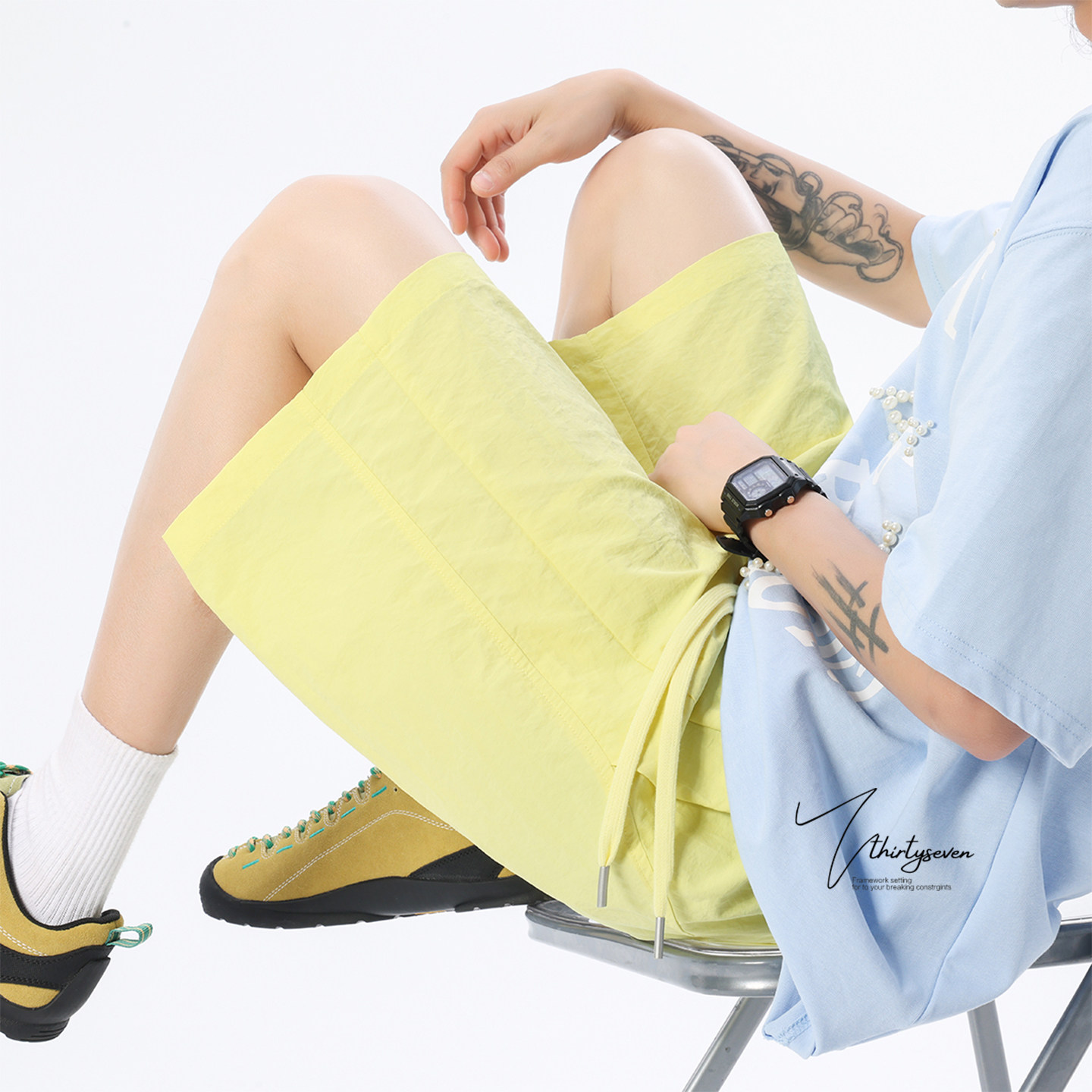 V37多巴胺黄色山系徒步速干短裤男夏美式户外运动游泳沙滩五分裤