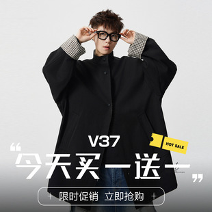V37中性休闲风格子立领风衣男春季中长款宽松百搭拼接黑色外套潮