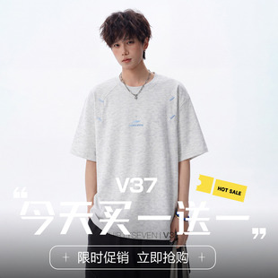 V37美式字母刺绣圆领T恤男夏季宽松百搭运动短袖白花灰青少年上衣