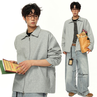 V37美式 卫衣男秋高街复古纯色廓形夹克外套 潮牌boxy翻领休闲开衫