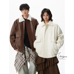 美式 羊羔毛外套男士 高街vibe飞行员棉服 翻领皮棉衣冬季 V37情侣款