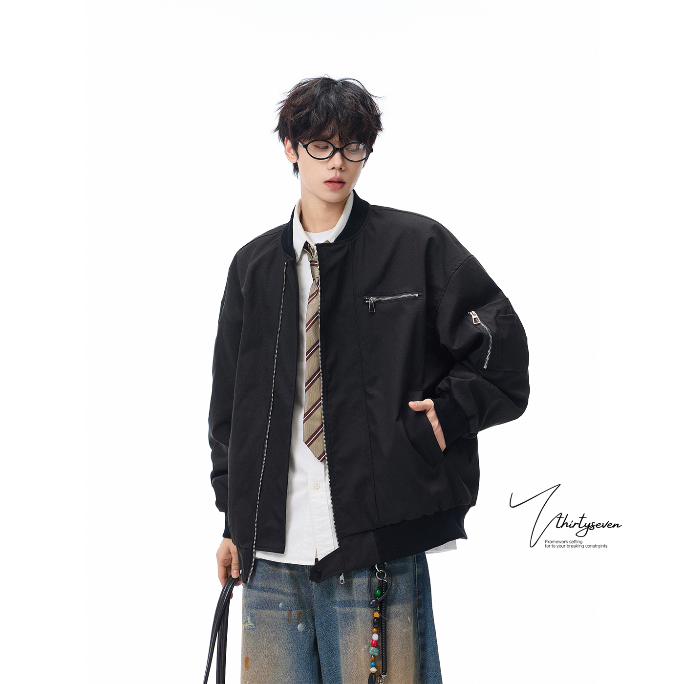 美式bomber黑色夹克男