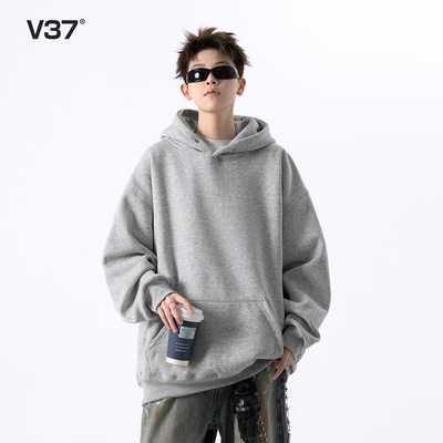 V37重磅复古灰色连帽卫衣男