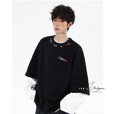 美式复古假俩件圆领卫衣