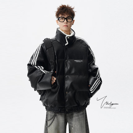 V37美式复古运动风立领皮棉服男冬潮牌小众加厚保暖休闲棉衣外套