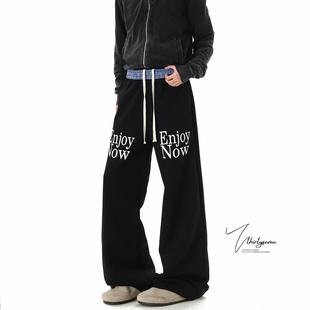 腰头拼接宽松阔腿运动长裤 男春季 街头风字母印花黑色卫裤 V37美式