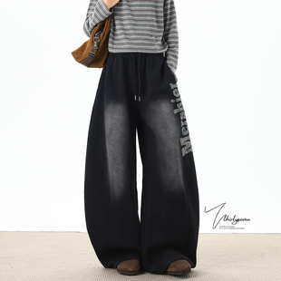 潮牌设计感水洗做旧裤 男秋季 子 高街复古字母印花运动卫裤 V37美式