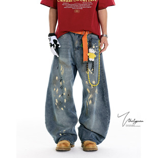 V37泼墨设计牛仔裤男款2026秋季流行穿搭直筒裤子美式高街直筒裤