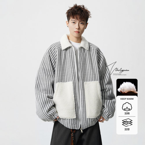 重磅氛围感羊羔毛翻领加厚棉衣男