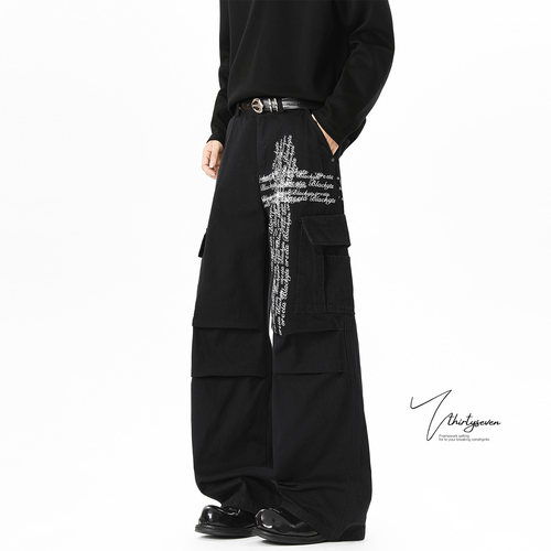 双面印花设计感黑色工装裤男