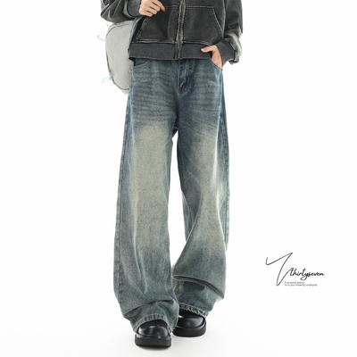 蓝色水洗磨白宽松直筒牛仔裤男