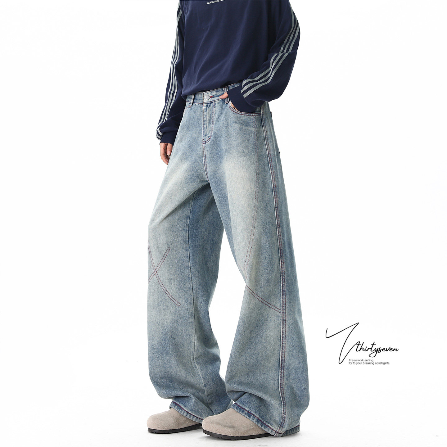 美式复古黑色撞色哈苏线牛仔裤