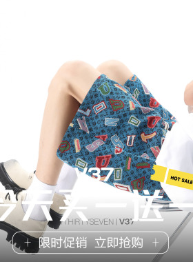 V37美式复古字母印花短裤男夏季潮牌宽松五分裤蓝色设计感阔腿裤