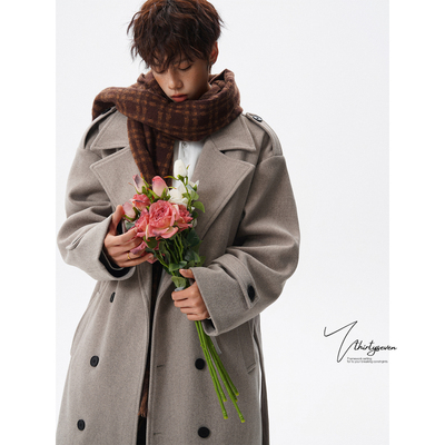 韩系双排扣中长款过膝毛呢大衣