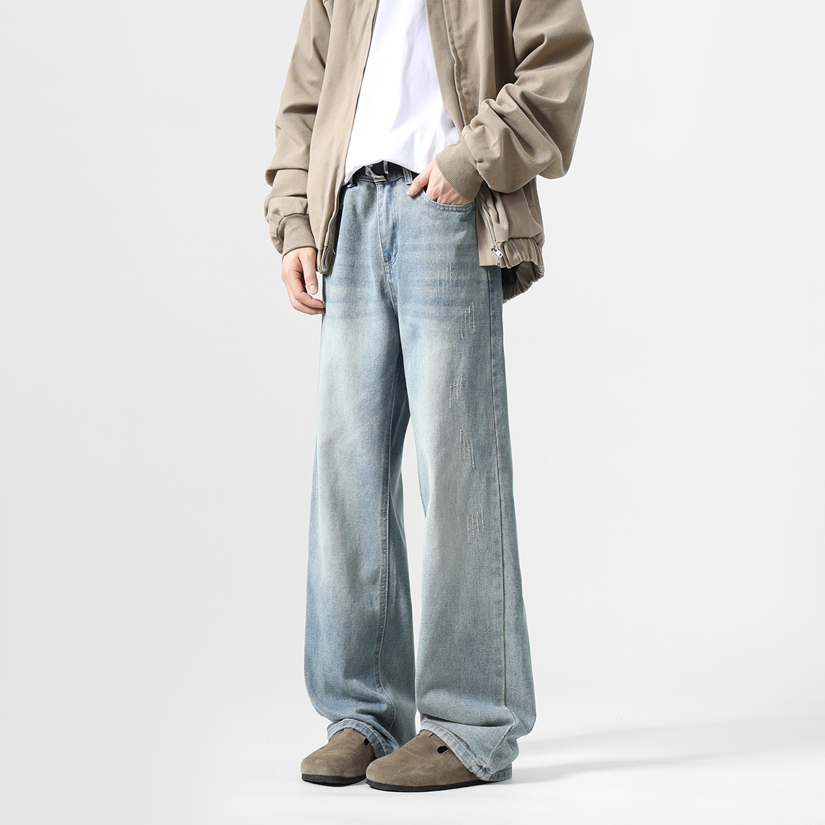 cleanfit浅蓝色裤子男秋季潮牌美式复古水洗简约百搭青少年牛仔裤