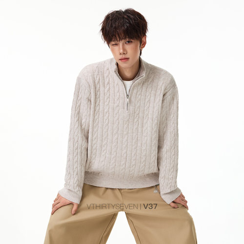 美式立体绞花半拉链毛衣