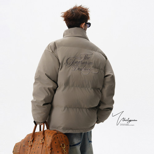 美式潮牌刺绣设计感立领棉服男