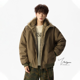 V37美式 高街vibe加厚保暖高级感连帽外套 复古拼接毛领棉衣男冬季