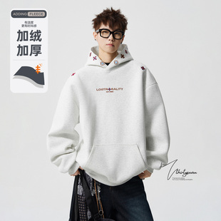 潮牌情侣款 V37重磅加绒加厚白花灰刺绣帽衫 美式 冬季 连帽卫衣 男款