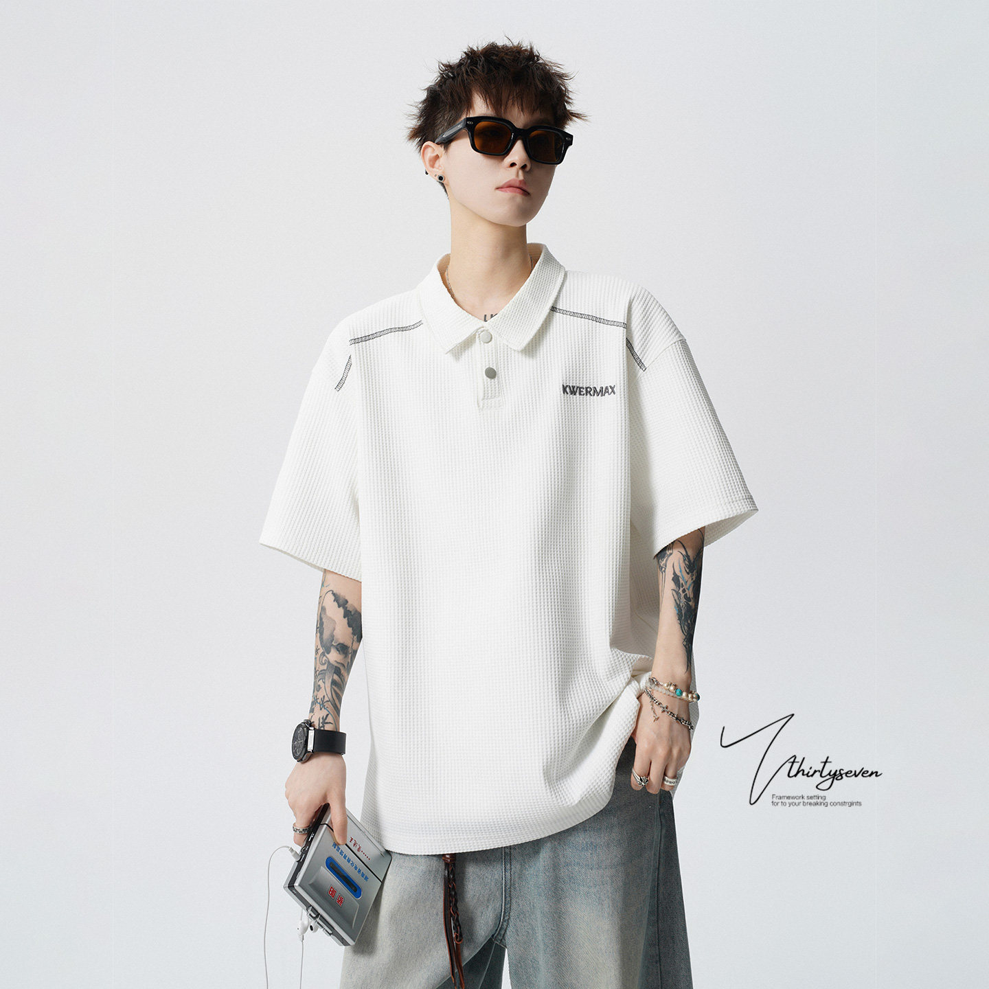 V37美式潮牌华夫格polo领短袖T恤图片
