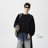 V37美式 潮牌休闲宽松情侣外套上衣 复古撞色拼接亨利领卫衣男春季