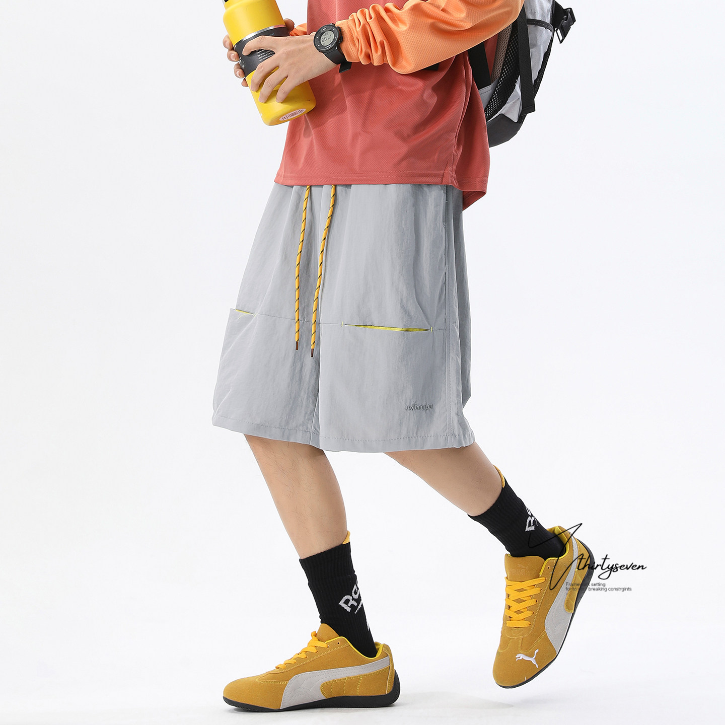 V37美式防泼水速干运动短裤男夏季潮牌阔腿沙滩裤宽松休闲五分裤