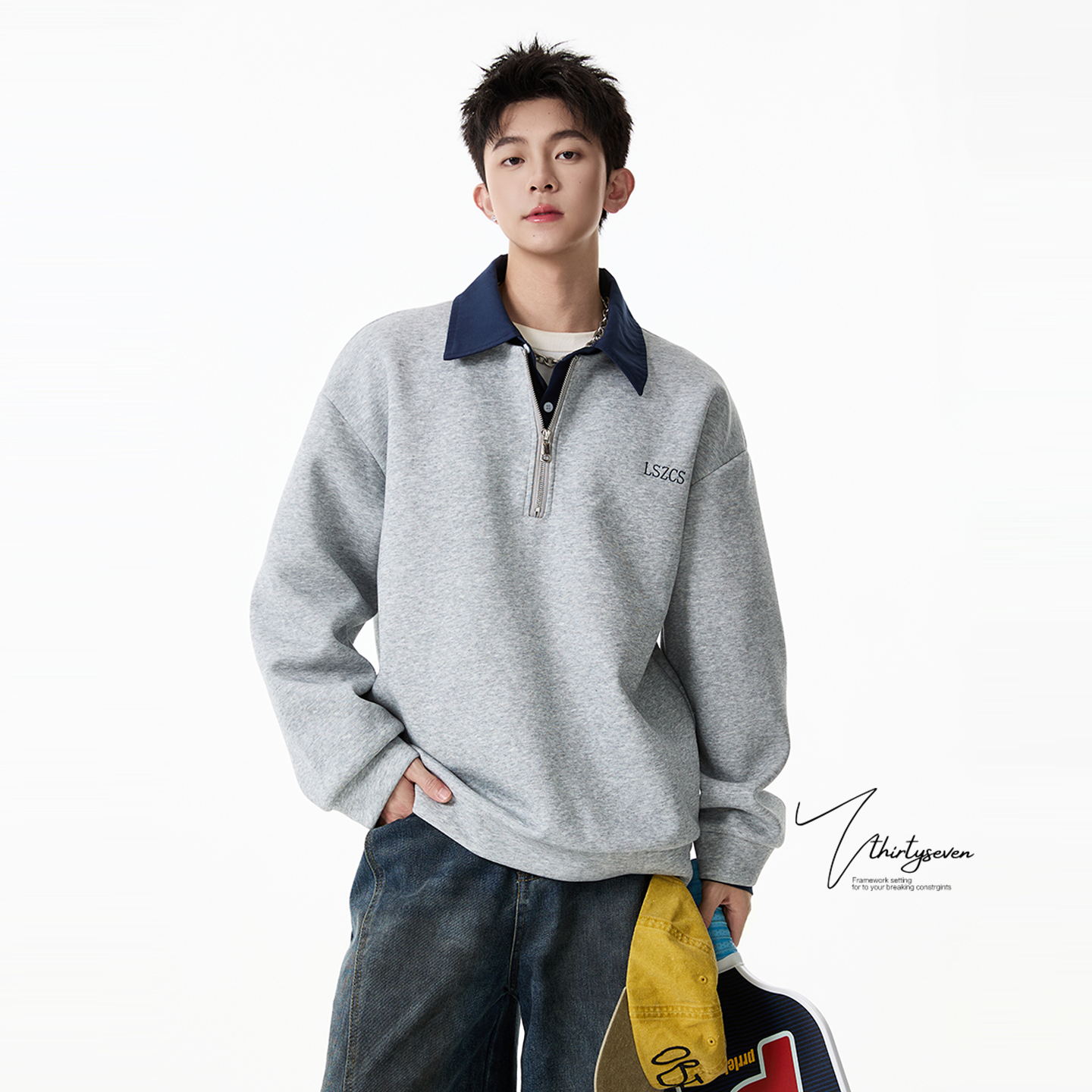 美式潮牌撞色拼接翻领卫衣男款