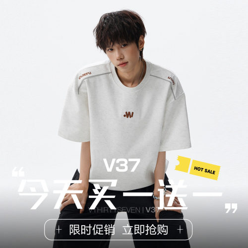 V37美式砂洗字母刺绣短袖T恤男