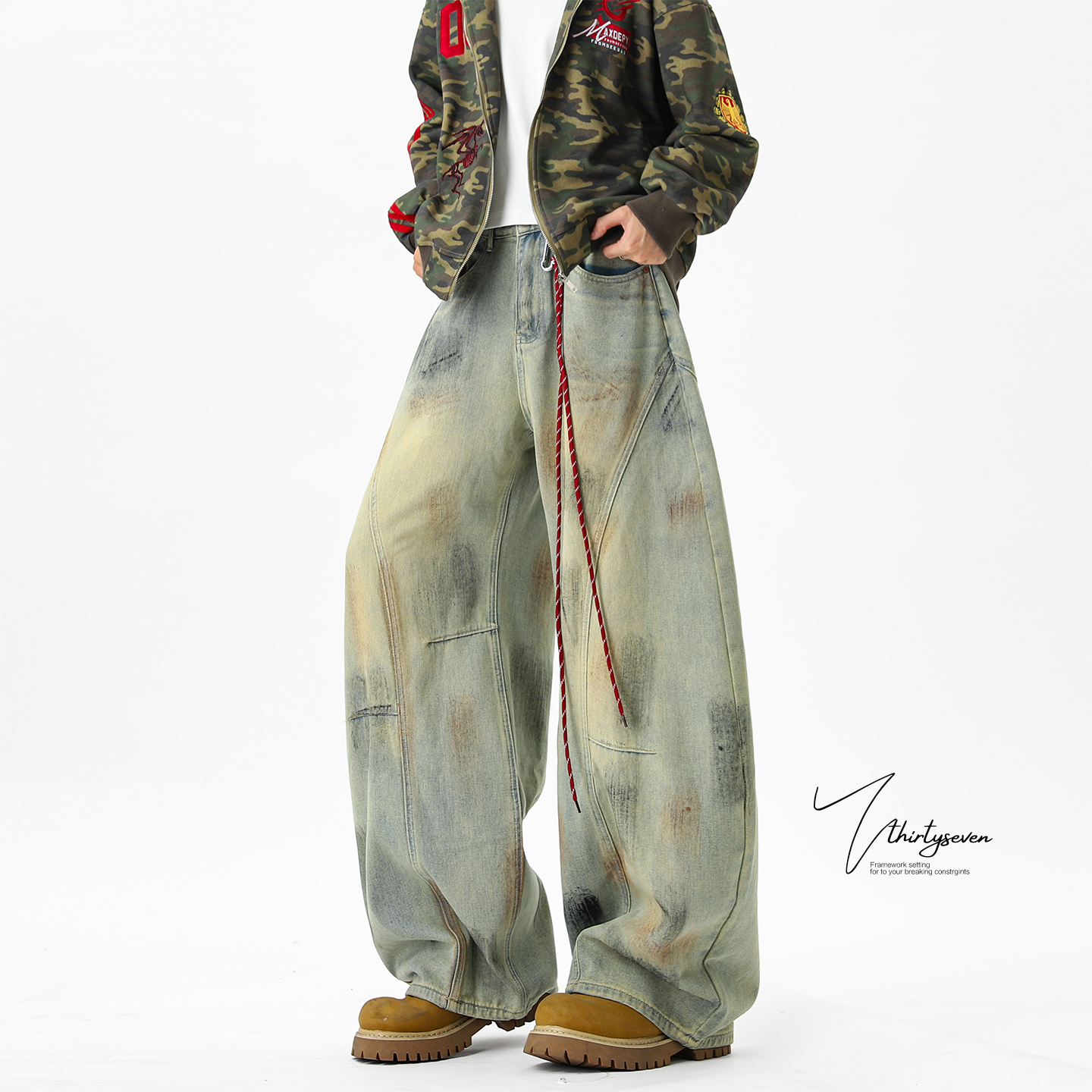 美式复古做旧脏扎染弯刀牛仔裤