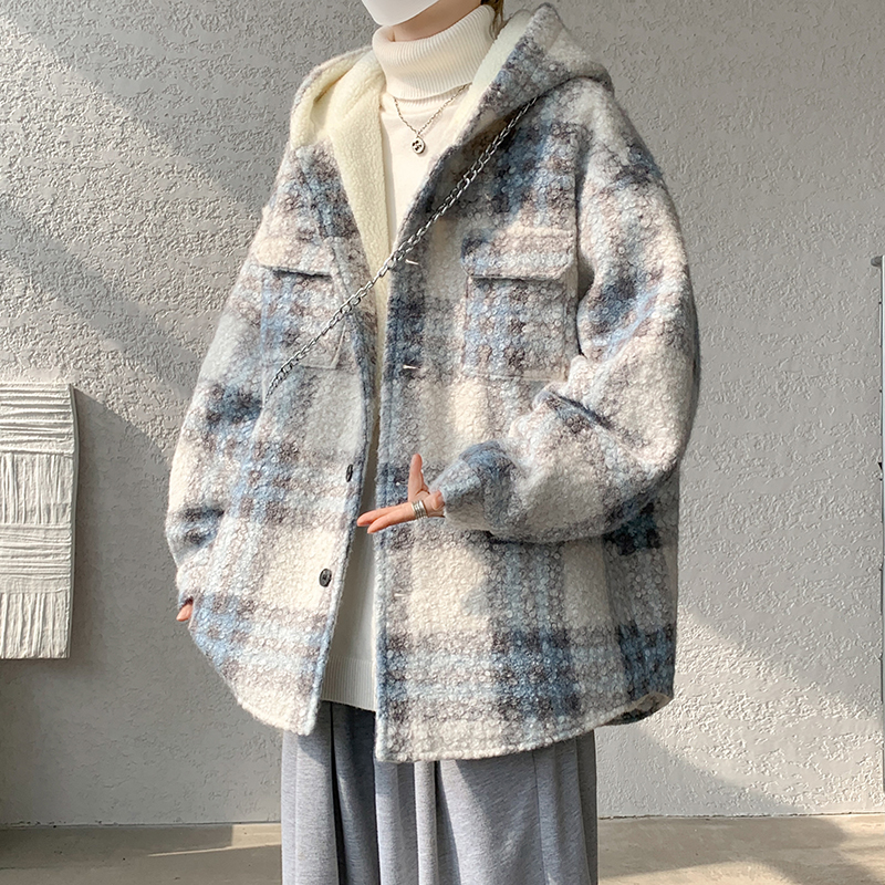 V37格子毛呢棉衣男2025