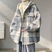 V37美式 潮牌加绒加厚情侣棉服外套 慵懒风撞色格子毛呢棉衣男冬季