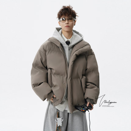 V37美式高街痞帅短款连帽皮棉衣男冬重磅加厚保暖假两件棉服外套
