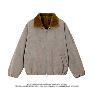 V37美式 宽松保暖皮外套高街痞帅情侣夹克 潮牌翻领PU皮棉衣男冬季