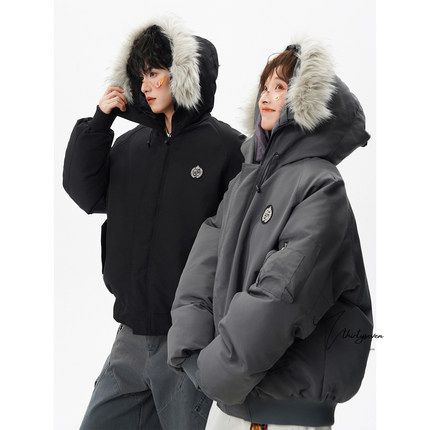 V37美式刺绣徽章连帽毛领派克棉服男冬季加厚保暖防寒棉衣外套潮