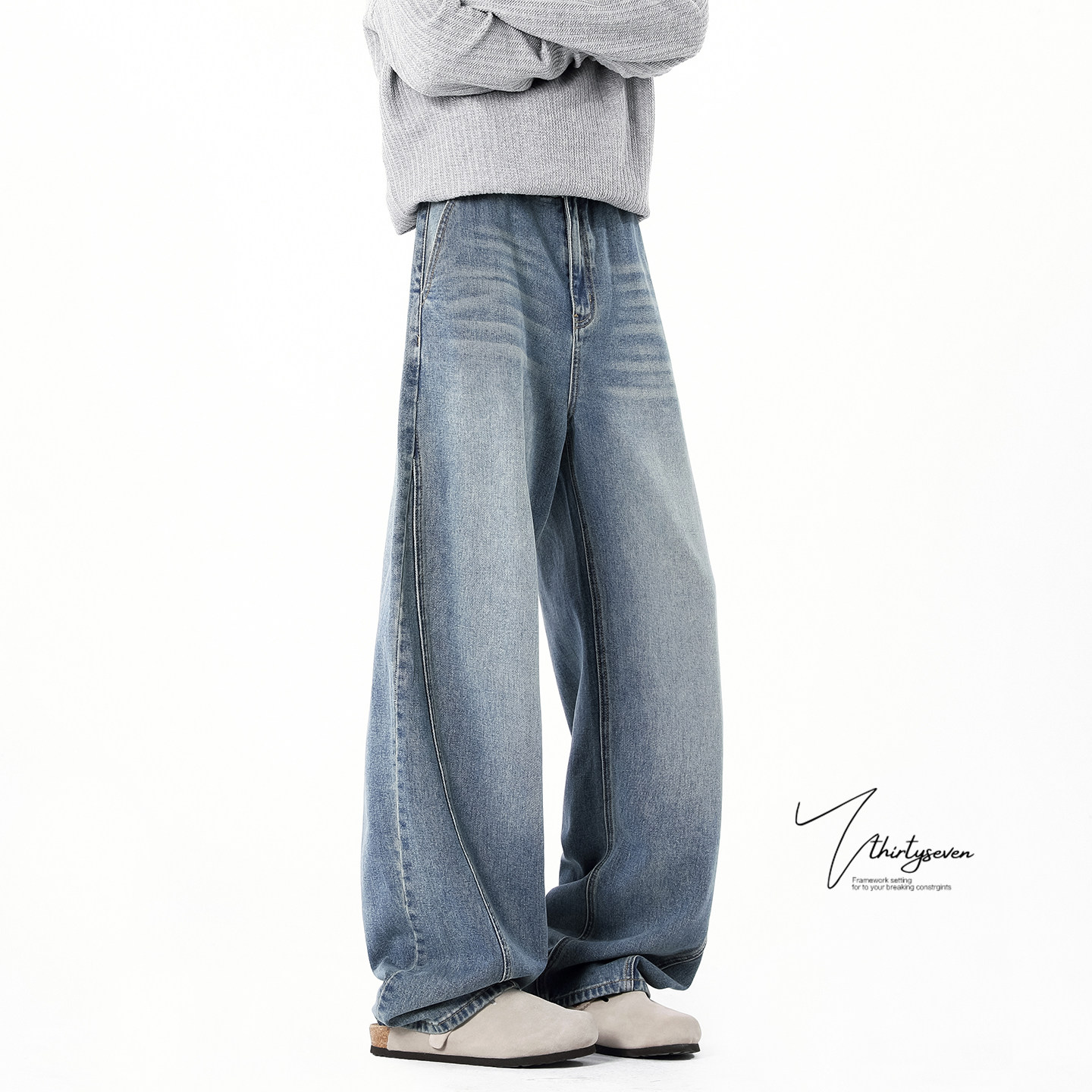 V37美式复古水洗做旧牛仔裤男秋冬高级感cleanfit宽松直筒阔腿裤,男装,牛仔裤,淘宝优惠券,粉丝福利购,淘宝优惠卷