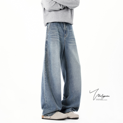 V37美式复古水洗做旧牛仔裤男秋冬高级感cleanfit宽松直筒阔腿裤