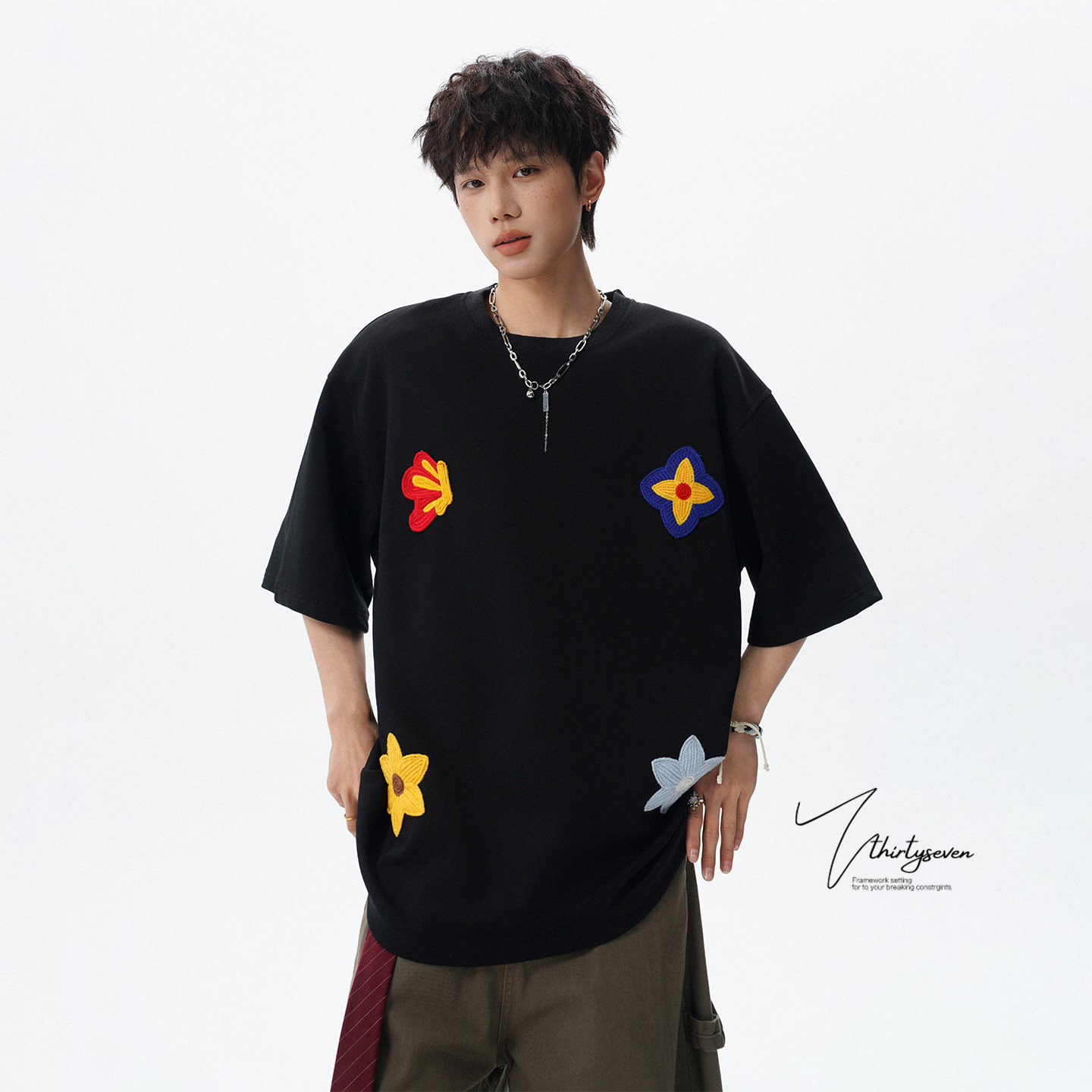 V37美式潮牌植物花卉刺绣大码T恤男夏宽松休闲青少年圆领短袖上衣