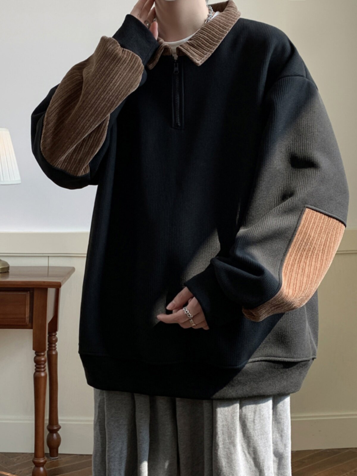 와플 폴로 운동복 남성 가을 겨울 새 벨벳 두꺼운 청소년 탑 대형 느슨한 옷깃 재킷