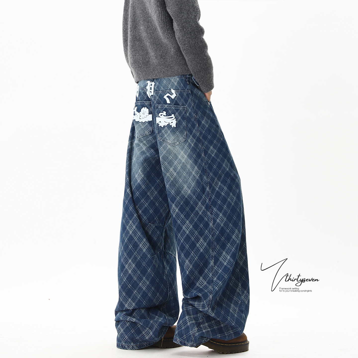 美式设计感蓝色印花格子牛仔裤男