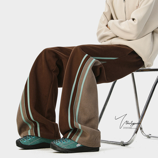 高街宽松加绒休闲长裤 男冬季 嘻哈潮牌高级感撞色运动卫裤 V37美式