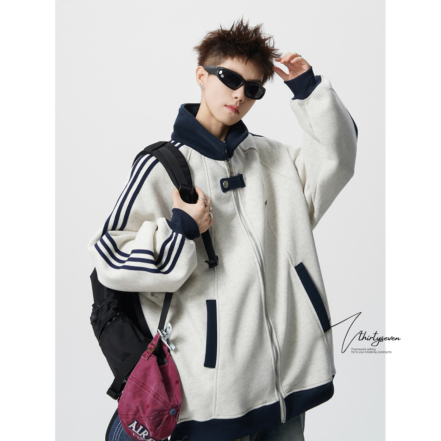 美式撞色拼接青少年运动夹克男