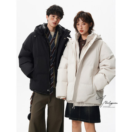 V37美式假两件设计连帽加厚棉服男款冬季高级感保暖情侣棉衣外套