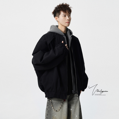 美式假两件撞色休闲连帽外套男