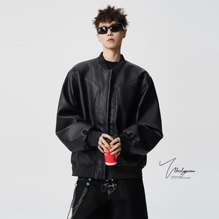 V37美式 宽松休闲加棉外套高街痞帅立领皮衣 拼接棒球领夹克男冬季