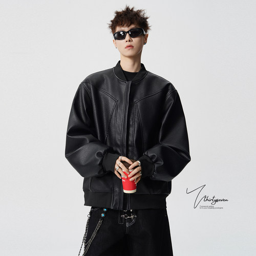 美式拼接棒球领夹克男