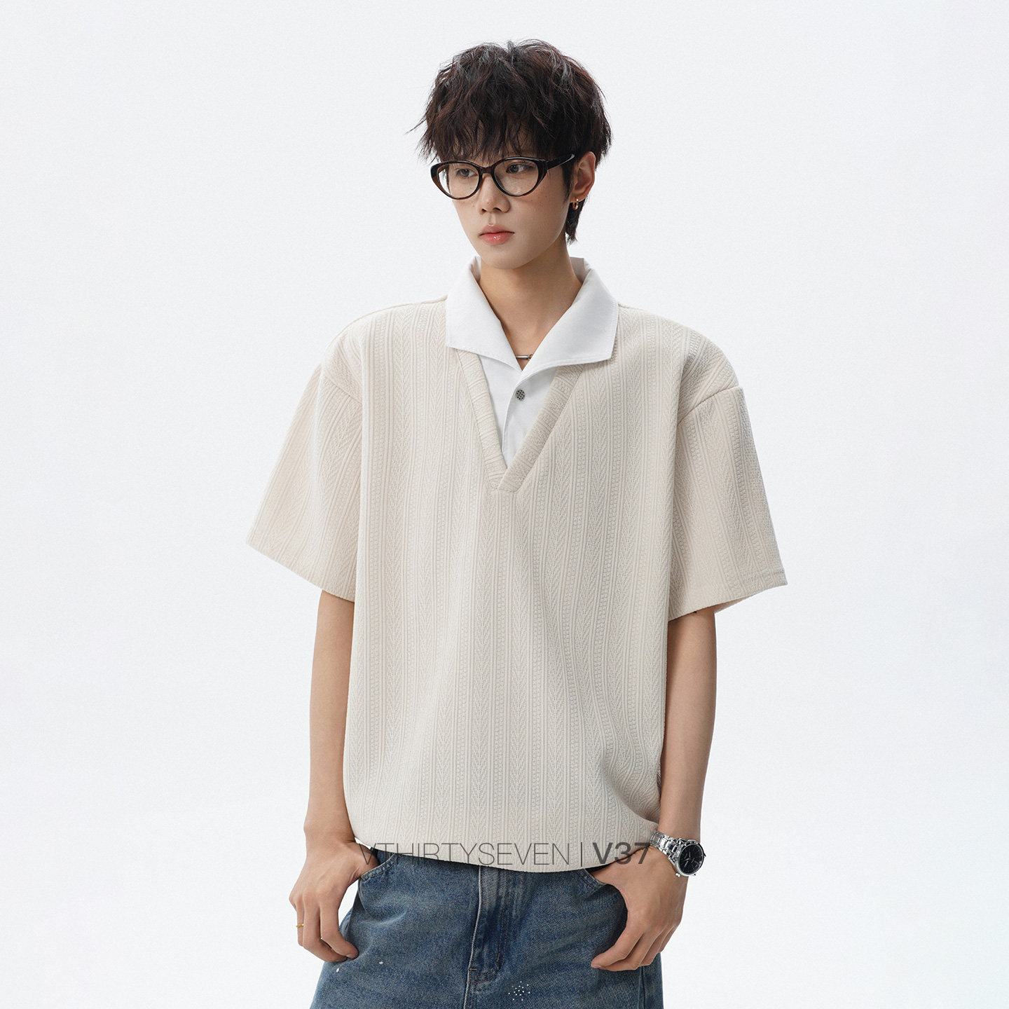 V37美式麦穗纹短袖POLO衫男夏季假两件休闲T恤设计感小众半袖上衣