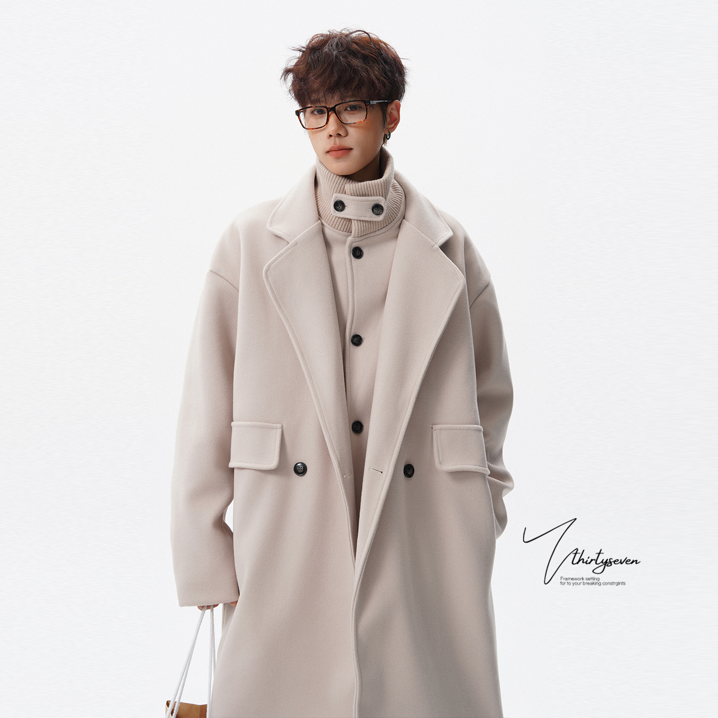 高级感西装领防风毛呢大衣男